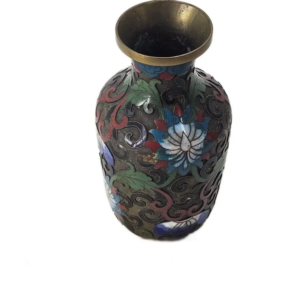 Vintage Chinese Cloisonné Miniature Vase Floral Enamel Bronze Art Small